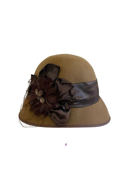 Louise Green Brown Wool Cloche Hat Satin Ribbon Feather Rhinestone Flower Accent main image 4